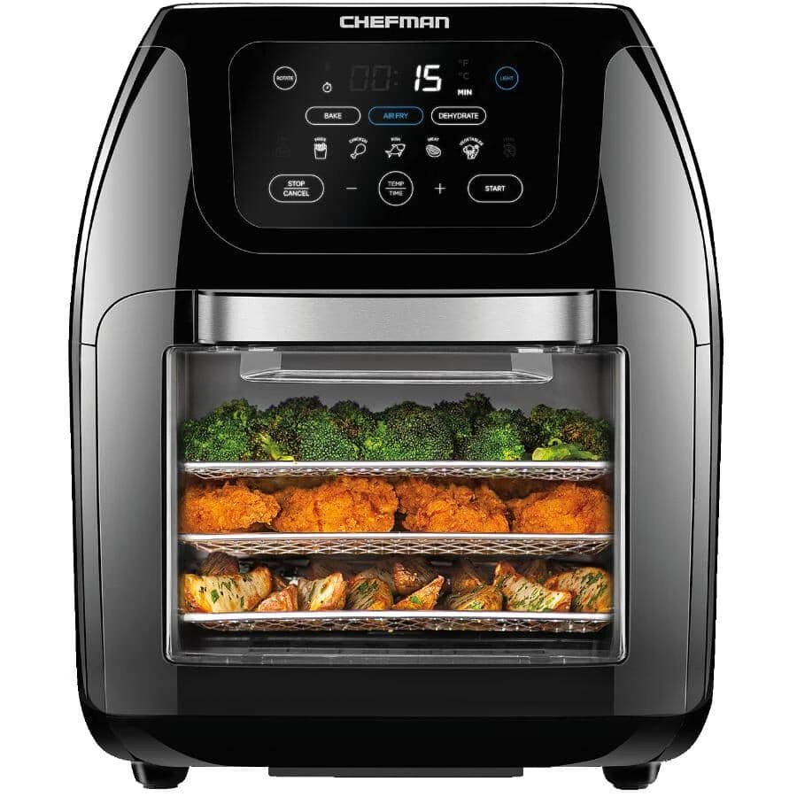 CHEFMAN 10 L Air Fryer loaded with 3 tiers of roasted vegetables, chicken, and potato wedges